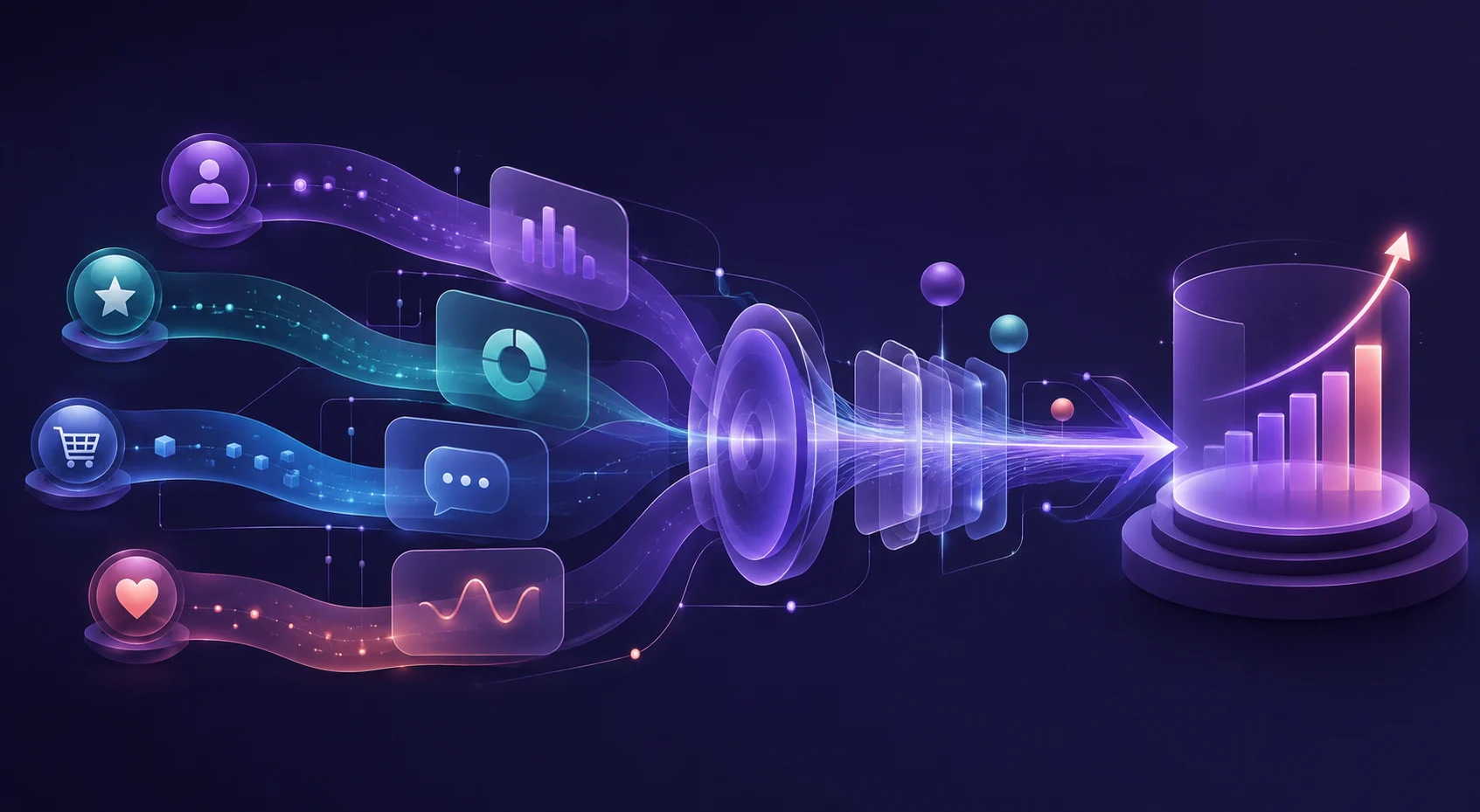 An abstract visualization of customer signals flowing through AI orchestration into measurable growth