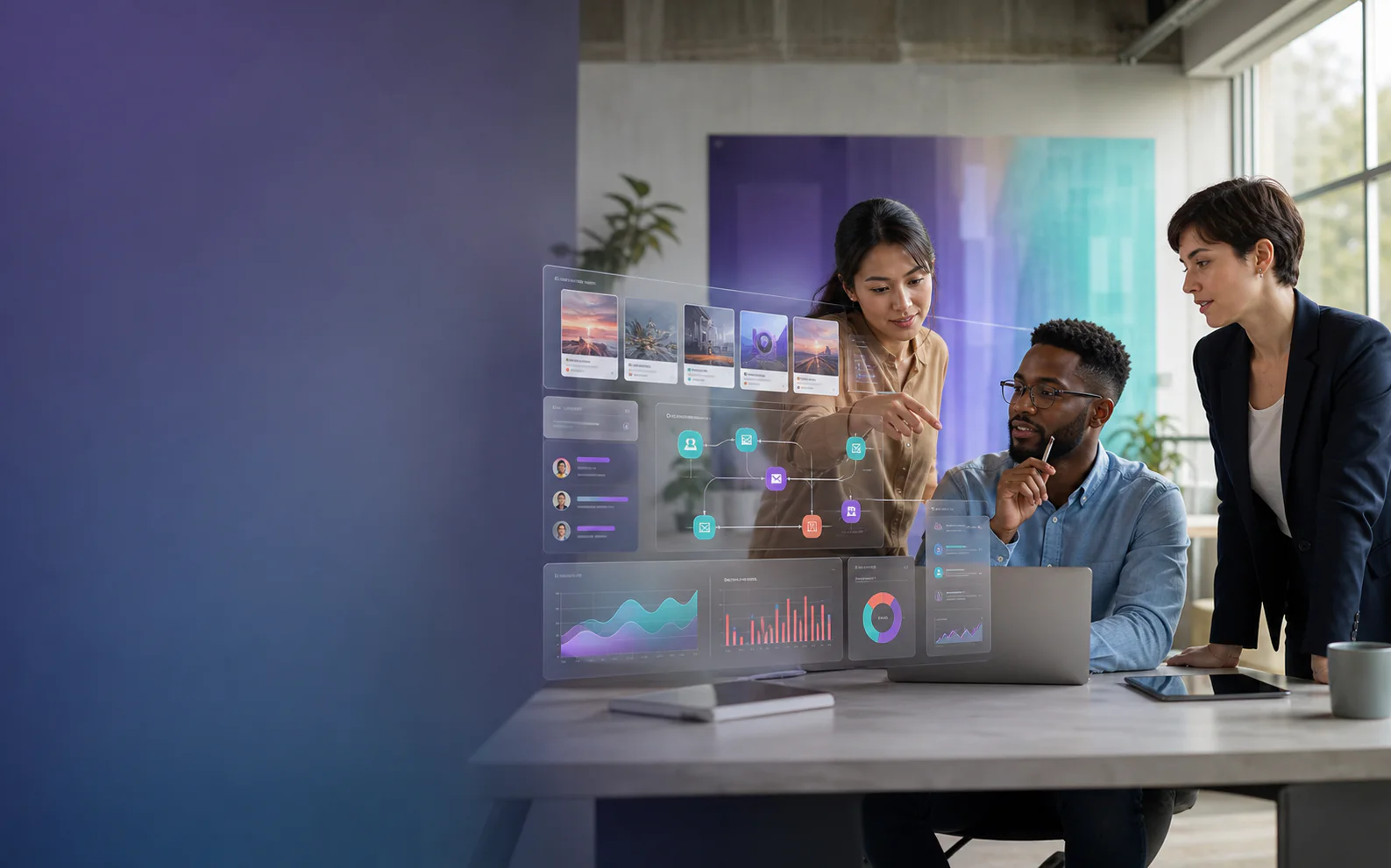 A diverse marketing team collaborating around customer journey analytics and automation insights